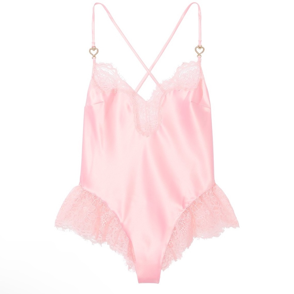 Victoria's Secret Satin Lace Shine Heart Hardware High-Leg Romper